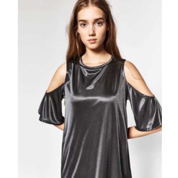 Zara Cold Shoulder Metallic Grey Bohemian Dress Size Large NWT - Picture 3 of 13